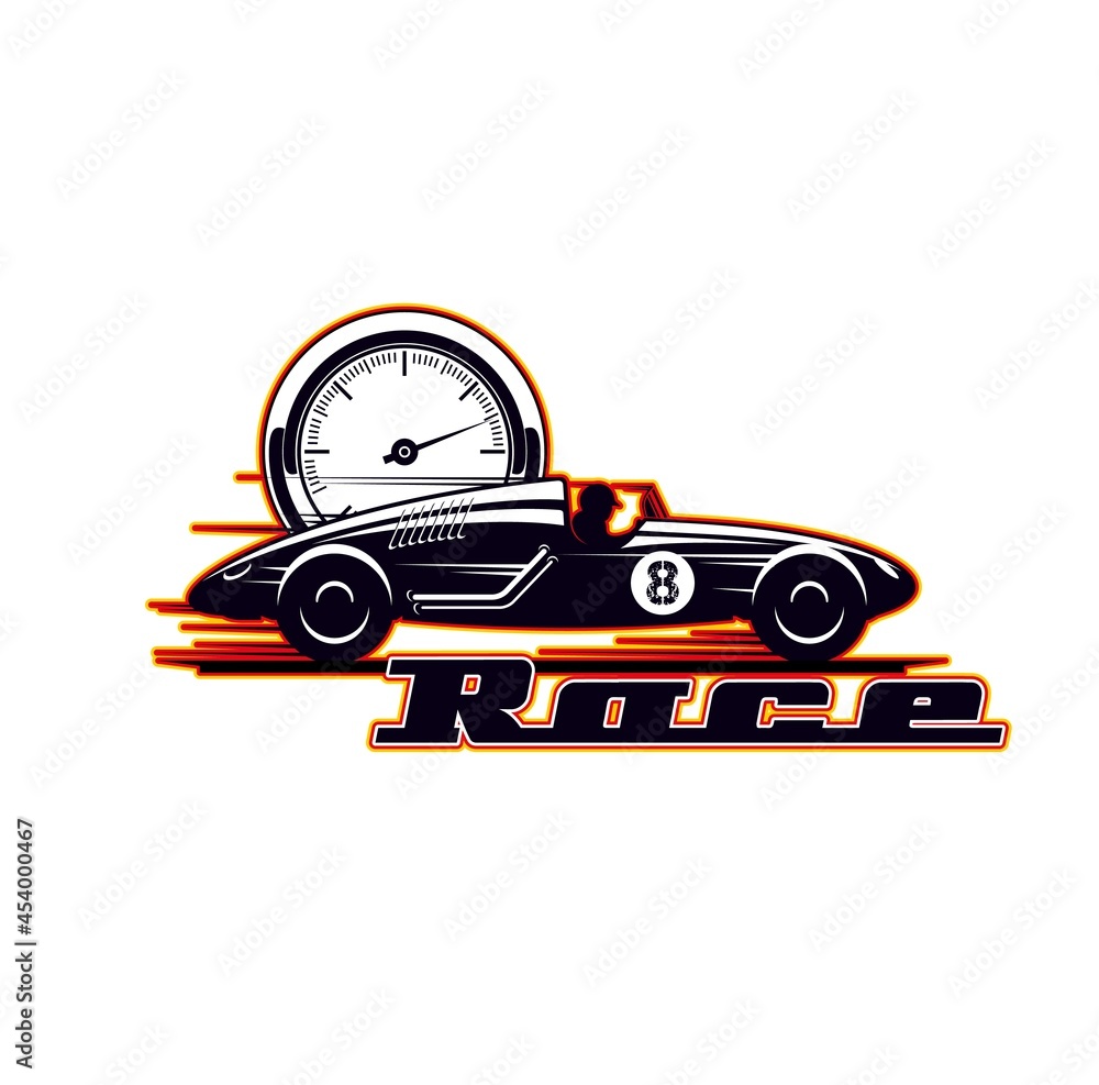 Pictogram Rode Racing Car Car racing icon, vintage vehicle races and speed rides, vector symbol ...