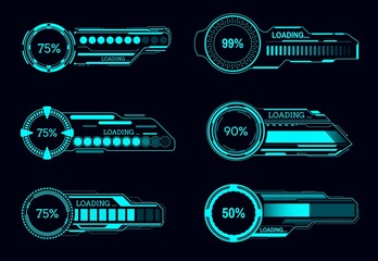 Poster - HUD futuristic loading progress bars, Sci Fi vector user interface. Game ui digital screen or control panel, future technology dashboard elements of neon status bars with progress indicators