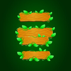 Wall Mural - collection set of wooden with branch leaf banner board template for game ui asset elements
