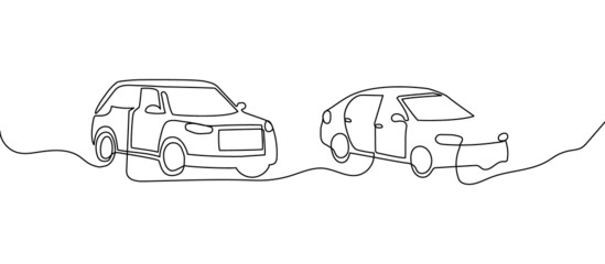 Car, vehicle continuous line drawing set. One line art of automobile, auto, crossover, four-by-four.