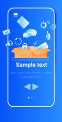 Wall Mural - social media icons in cardboard box online communication concept vertical