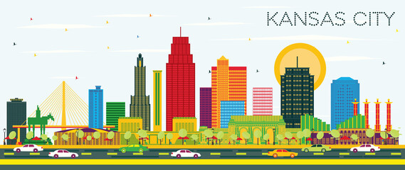 Fototapete - Kansas City Missouri City Skyline with Color Buildings and Blue Sky.