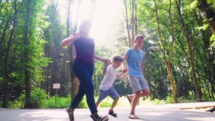 Sticker - A family of three runs along an alley in the park