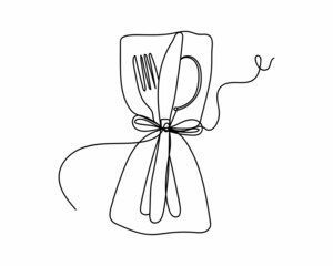 Continuous one line drawing of beautiful christmas table setting icon in silhouette on a white background. Linear stylized.