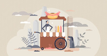 Hot Dog Stand And Urban Street Food Cart With Junk Meal Tiny Person Concept. Kiosk On Wheels As Fast Eating Service Vector Illustration. Bratwurst Or Wiener With Ketchup And Mustard Seller Business.