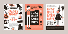 Vector Set Of Halloween Party Invitations Or Greeting Cards With Handwritten Text And Traditional Symbols.