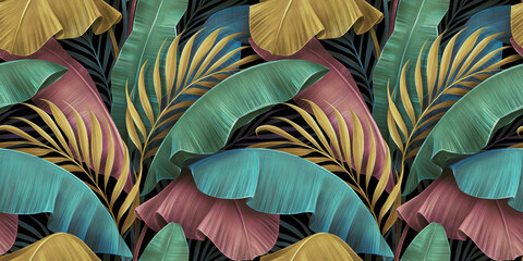 Tropical luxury exotic seamless pattern, pastel colorful banana leaves, palm. Hand-drawn vintage 3D illustration. Dark glamorous bright background design. For wallpapers, cloth, fabric printing, goods