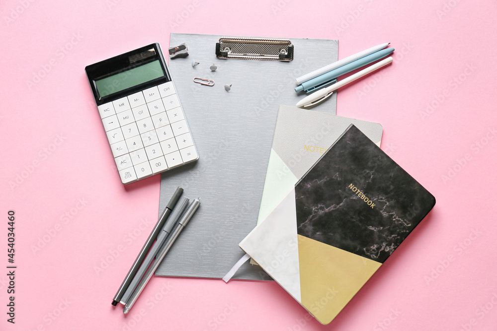 Stationery supplies on color background