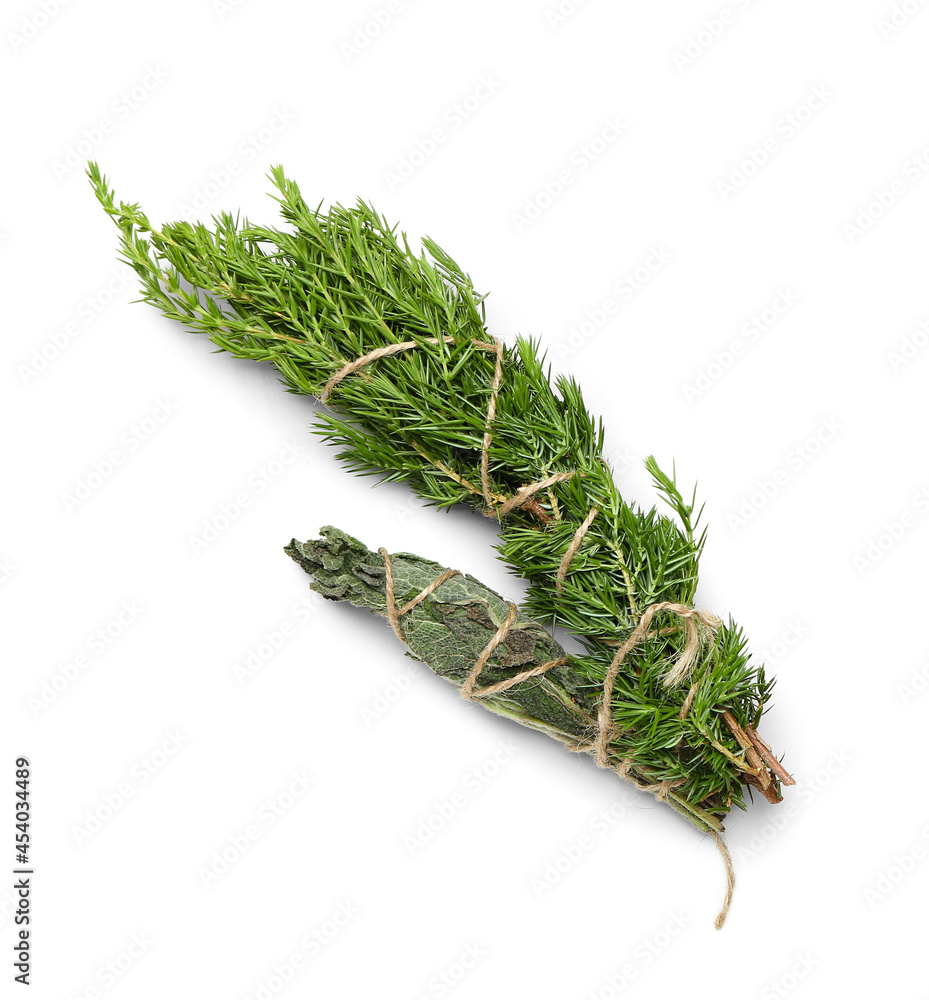 Different herbs for aura cleansing on white background