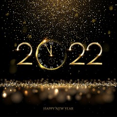 Happy new year 2022 clock countdown background. Gold glitter shining in light with sparkles abstract celebration. Greeting festive card vector illustration. Merry holiday poster or wallpaper design.