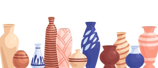 Wall Mural - Ceramic pots and flower vases border. Different pottery objects. Banner with porcelain, clay and earthen empty vessels. Modern crockery items. Flat vector illustration isolated on white background