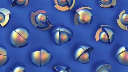 holographic iridescent shiny technological spheres rotating on blue background. 3d render seamless l