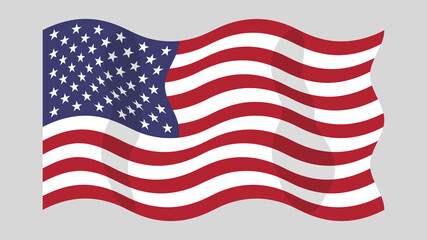 Detailed flat vector illustration of a flying flag of the United States of America on a light background. Correct aspect ratio.