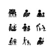 Responsible parenthood black glyph icons set on white space. Art therapy. Bottle feeding. Reading book. Bathing child. Cooking class. Show empathy. Silhouette symbols. Vector isolated illustration
