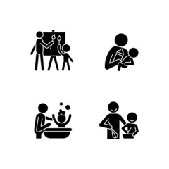 Sticker - Parent-child bonding black glyph icons set on white space. Painting together. Bottle feeding. Bathing child. Cooking class. Skin-to-skin contact. Silhouette symbols. Vector isolated illustration