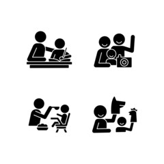 Sticker - Effective parenting style black glyph icons set on white space. Helping with homework. Family portrait. Feeding in highchair. Playing with puppets. Silhouette symbols. Vector isolated illustration