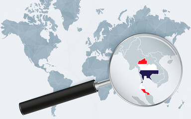 Wall Mural - World map with a magnifying glass pointing at Thailand. Map of Thailand with the flag in the loop.