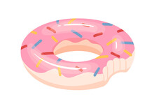 Donut-shaped Inflatable Rubber Ring For Swimming In Water. Bitten-off Glazed Pink Doughnut Toy For Pool Fun. Flat Cartoon Vector Illustration Of Funny Beach Item Isolated On White Background