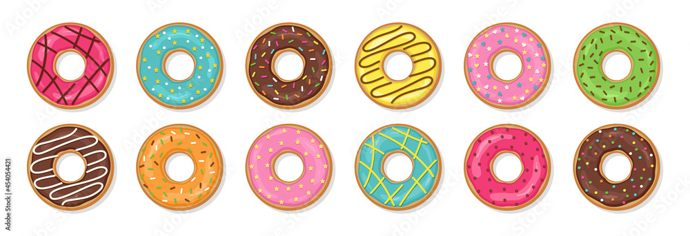 Donuts with glaze. Sweet doughnuts. Set glossy icing desserts isolated ...