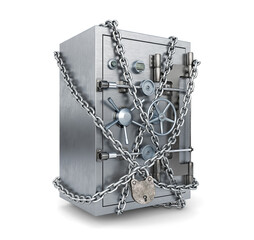 Wall Mural - Well-secured small steel safe protected with chain and padlock, 3d illustration