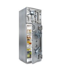 Wall Mural - Concept of an opened fridge with a safe door and food in it, isolated on white background, 3d illustration