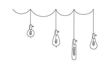 Wall Mural - One continuous line drawing of lightbulbs. Vector illustration of Hanging Loft pendant Electric lamps with Edison bulbs in doodle style