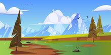 Cartoon Nature Landscape With Mountain Peaks, Cliff, Green Field And Conifers Trees. Rocks And Spruces Under Blue Sky With Fluffy Clouds And Flying Birds, Scenery Wood Background, Vector Illustration