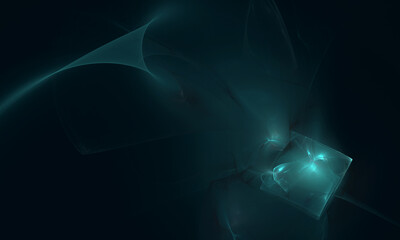 Wall Mural - Abstract 3d incense with fluid folds glowing turquoise in deep dark space. Wavy essence or spirit, magic illusion or fictional hologram floating in astral dimension. Great as design element, backdrop.