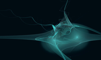 Wall Mural - Fantastic 3d digital illustration of floating or soaring fluid substance in turquoise neon light in deep dark space. Great as technology or sci fi concept, background, cover or element of design.