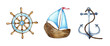 © AliCris - Set of watercolor illustrations of steering wheel, sailboat, anchor. Naval support, sailor property. Collection of marine adventures. Isolated over white background. Drawn by hand.