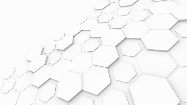 Wall Mural -  - White color geometric composition of hexagonal abstract backdrop. Futuristic 3D illustration. Perspective view.