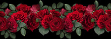 Seamless Border With Flowers. Red Roses Isolated On Black Background.