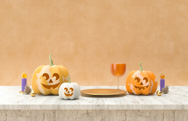 Poster - Halloween pumpkins on wooden table. Halloween background. 3d rendering.