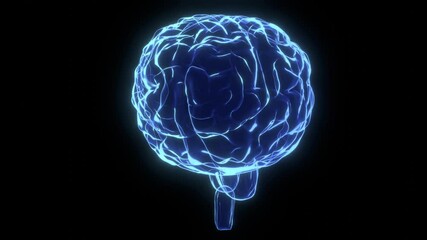 Poster - Rotating human brain hologram - thinking process concept - 3D 4k animation (3840x2160 px).