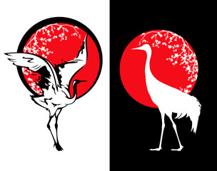 Wall Mural - dancing crane bird and blooming sakura branches against red sun - japanese nature symbol vector desi