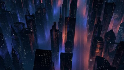 Drone view of a futuristic city at night. 3D animation of a future civilization on another planet.