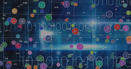 Image of digital icons and data processing with binary coding over world map in background
