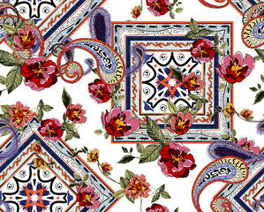 seamless watercolor paisley, flowers and leaf, ethnic square patchwork patter. scarf and carpet print.