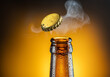 Opening of cold beer bottle - gas output and bottle cap in the air. Isolated on a yellow background.