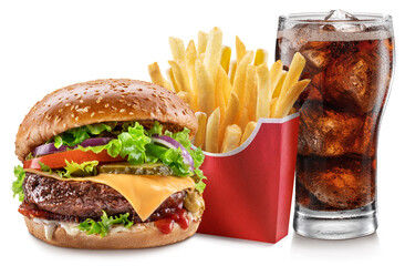 Wall Mural - Delicious cheeseburger with cola and potato fries on white background. Fast food concept.