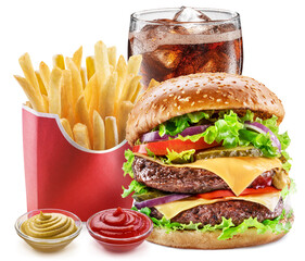 Wall Mural - Delicious cheeseburger with cola and potato fries on the white background. Fast food concept.