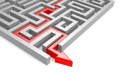 Maze with red arrow isolated on white background