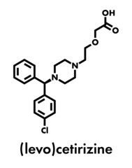 Cetirizine (levocetirizine) antihistamine drug molecule. Used to treat hay fever, urticaria and allergies. Skeletal formula.