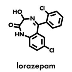 Poster - Lorazepam sedative and hypnotic drug (benzodiazepine class) molecule. Skeletal formula.