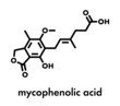 Mycophenolate (mycophenolic acid) immunosuppressive drug molecule. Used to prevent transplant rejection and in treatment of autoimmune disease. Skeletal formula.