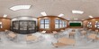  3d rendering 360 vr panorama Interior.New normal classroom and spacing of tables and chairs to prevent the spread of coronavirus (COVID-19). IEmpty classroom for teach and learn.