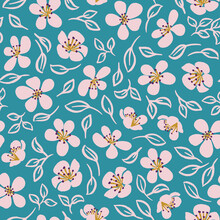 Retro Teal Blue Flowers Fabric Seamless Pattern Botanical Print Background Design. Vector Illustration. Surface Pattern Design. Great For Card Design, Kids, Clothing And Home Decor Projects. 