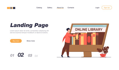 Tiny man choosing book in online library. Screen, internet, network flat vector illustration. Digital technology and education concept for banner, website design or landing web page
