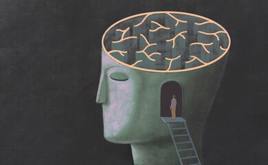 brain maze, concept idea art, surreal painting, conceptual artwork, 3d illustration