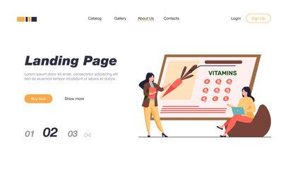 Women studying vitamins in organic food. Nutritionist presenting fresh vegetable on screen flat vector illustration. Healthy nutrition, diet concept for banner, website design or landing web page